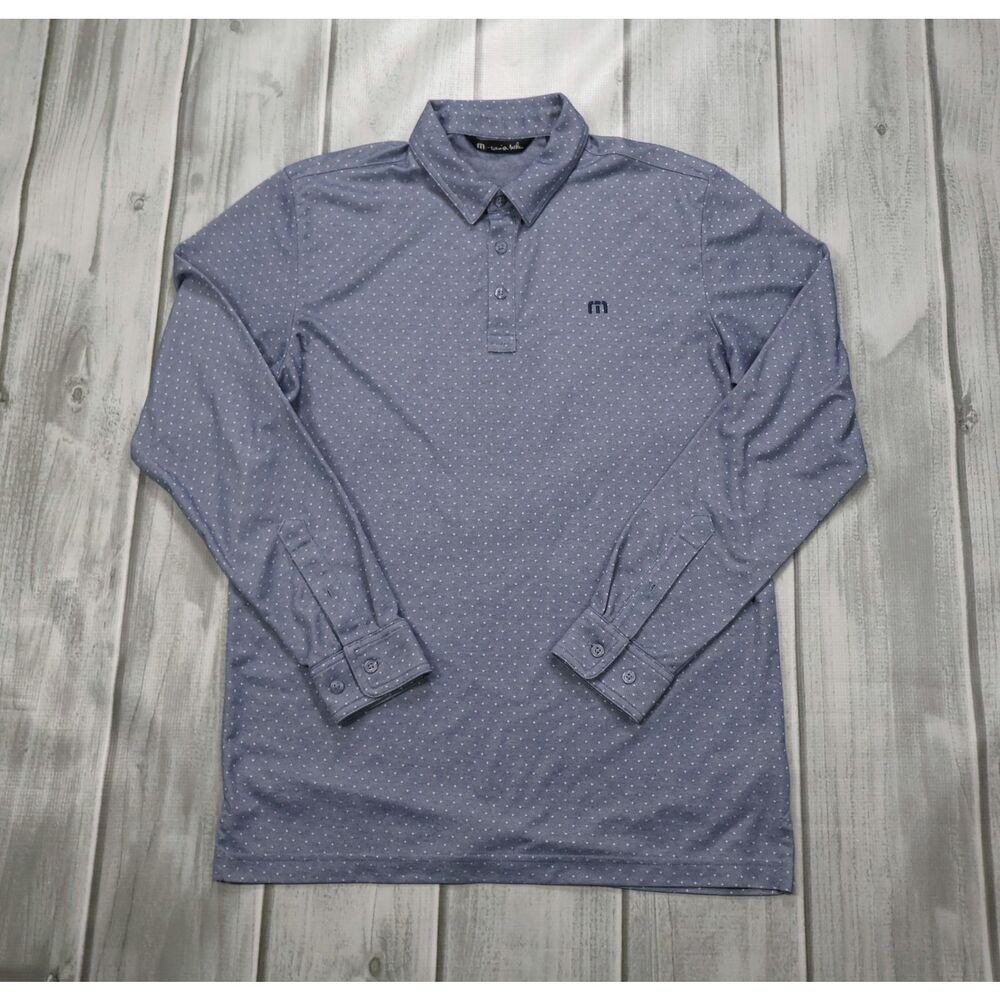 Travis Mathew Men's LS Polo Shirt Medium Blue Micro Dot Golf Cotton Blend